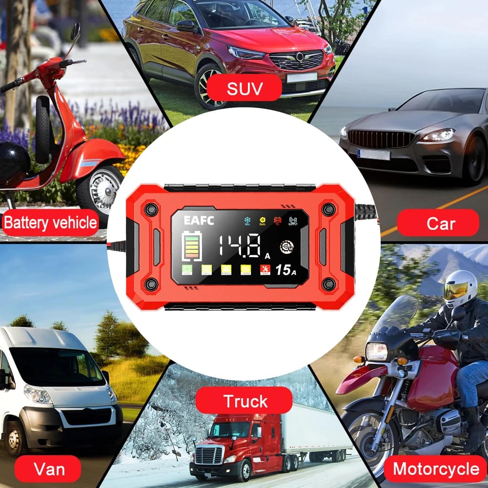 EAFC 12V 15A 8A Car Battery Charger Large Screen Pluse Repair Charger for Auto Moto SUV Lithium AGM Lead acid GEL LCD Display