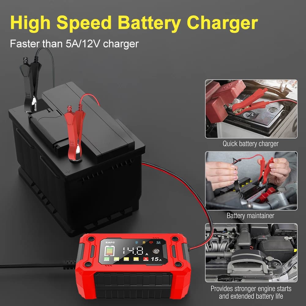EAFC 12V 15A 8A Car Battery Charger Large Screen Pluse Repair Charger for Auto Moto SUV Lithium AGM Lead acid GEL LCD Display
