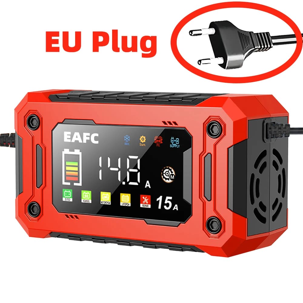EAFC 12V 15A 8A Car Battery Charger Large Screen Pluse Repair Charger for Auto Moto SUV Lithium AGM Lead acid GEL LCD Display