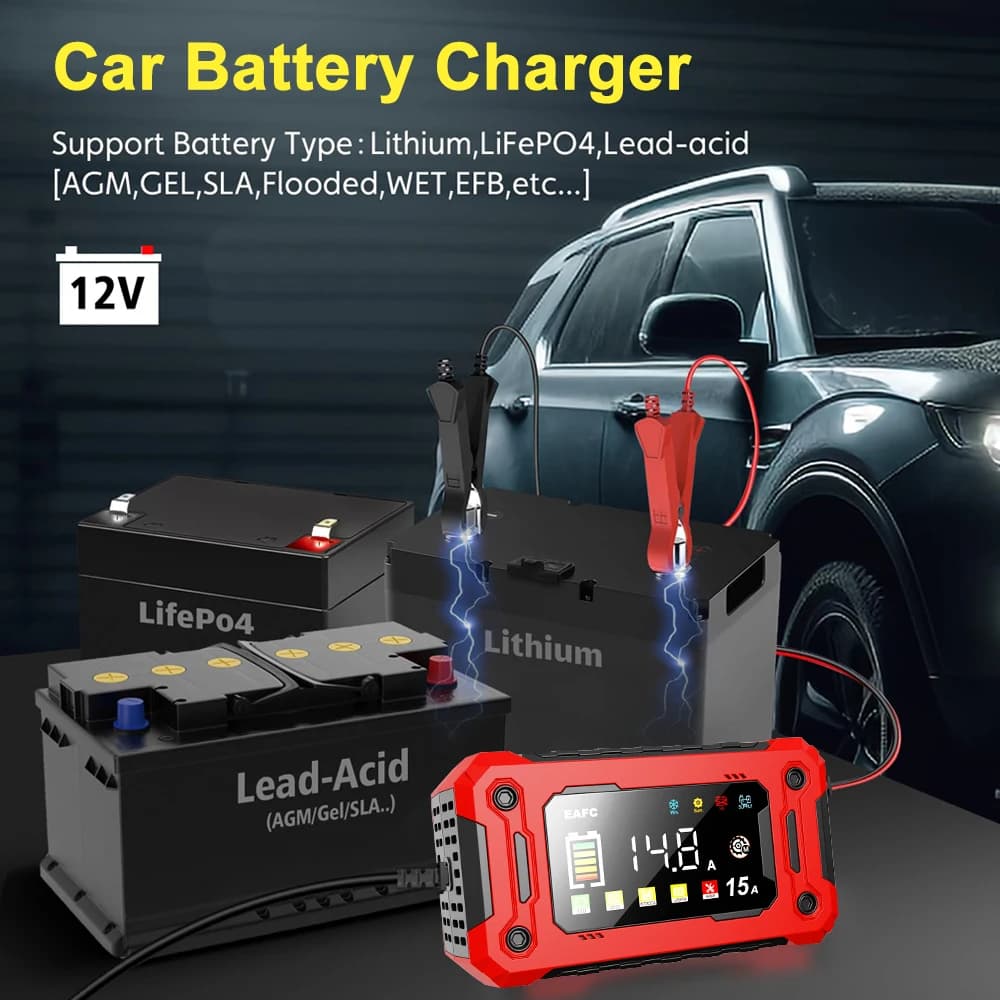 EAFC 12V 15A 8A Car Battery Charger Large Screen Pluse Repair Charger for Auto Moto SUV Lithium AGM Lead acid GEL LCD Display