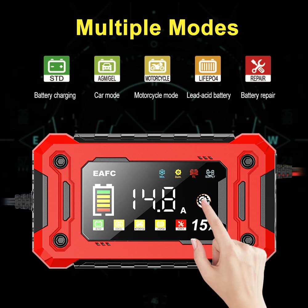 EAFC 12V 15A 8A Car Battery Charger Large Screen Pluse Repair Charger for Auto Moto SUV Lithium AGM Lead acid GEL LCD Display
