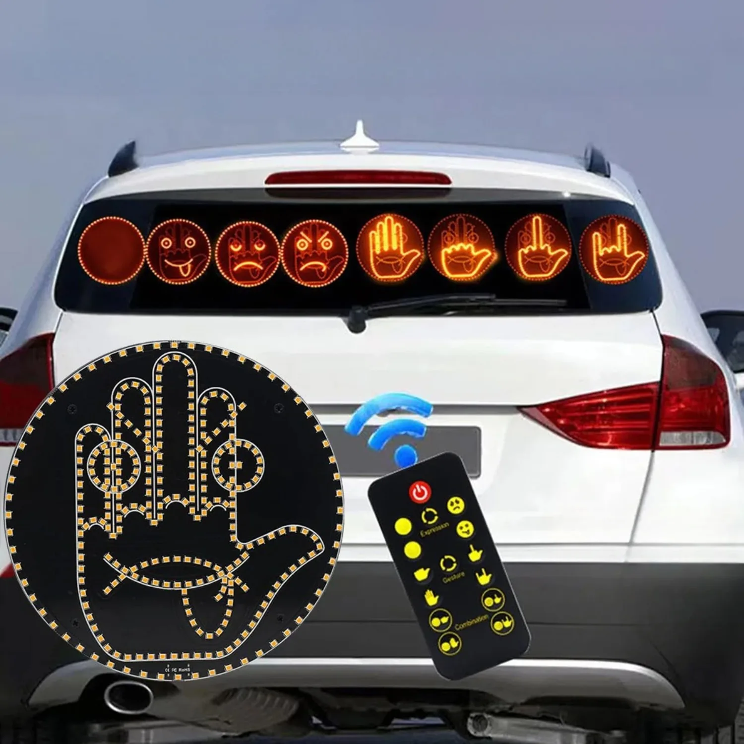4-Finger &amp; 4-Expression Mode LED Sign Light with Remote Control – Car Rear Window Display for Safety &amp; Fun | Programmable Scrolling Text, Bright LED &amp; Easy Suction Mount | Ideal for Driving, Parties, Sports Events &amp; Roadside Emergencies
