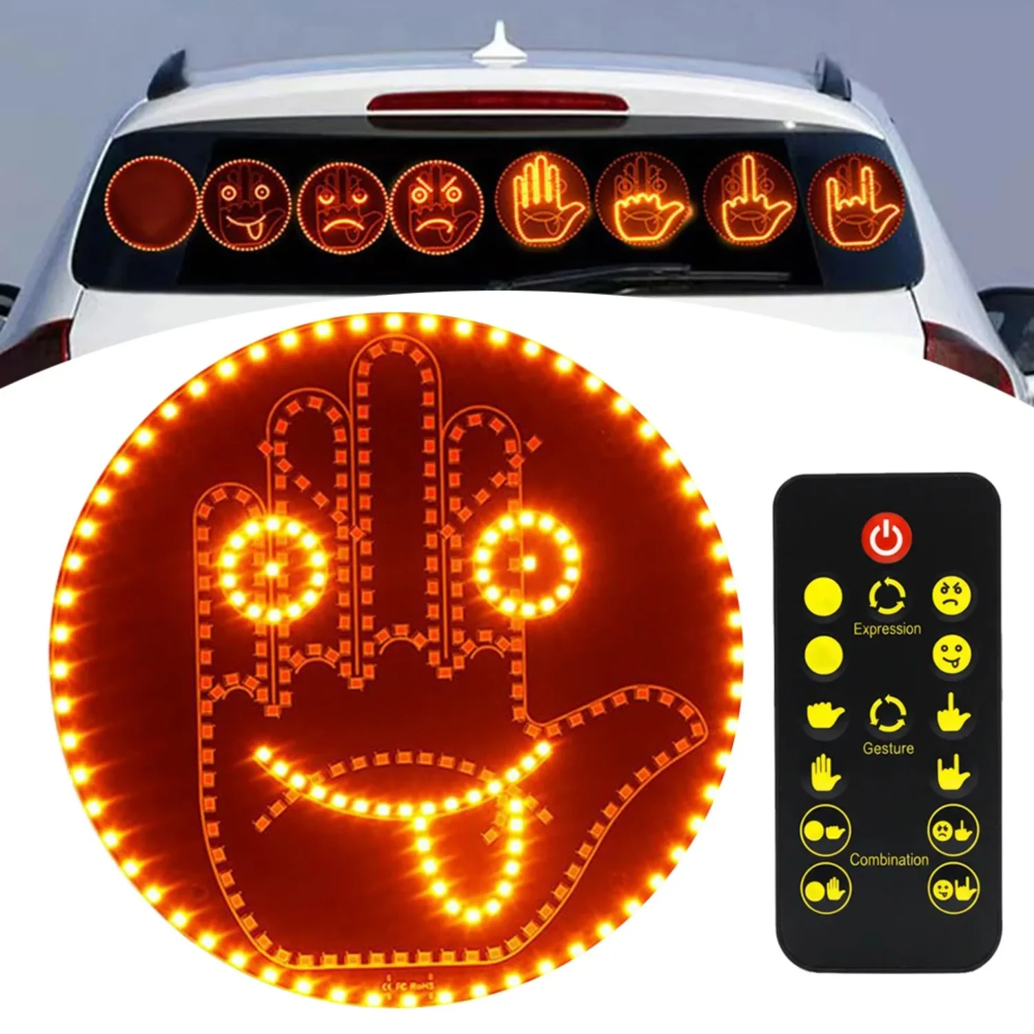4-Finger &amp; 4-Expression Mode LED Sign Light with Remote Control – Car Rear Window Display for Safety &amp; Fun | Programmable Scrolling Text, Bright LED &amp; Easy Suction Mount | Ideal for Driving, Parties, Sports Events &amp; Roadside Emergencies