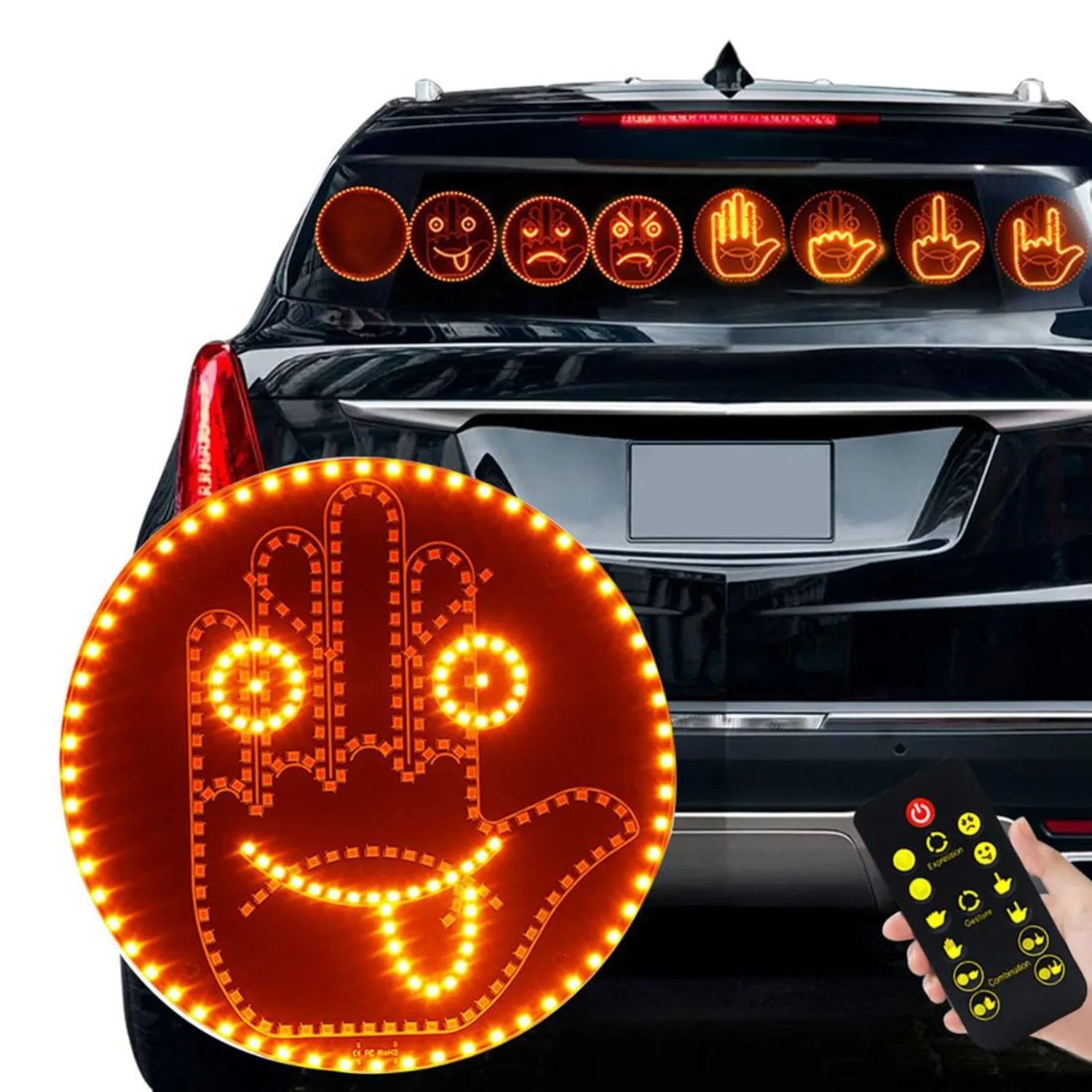 4-Finger &amp; 4-Expression Mode LED Sign Light with Remote Control – Car Rear Window Display for Safety &amp; Fun | Programmable Scrolling Text, Bright LED &amp; Easy Suction Mount | Ideal for Driving, Parties, Sports Events &amp; Roadside Emergencies