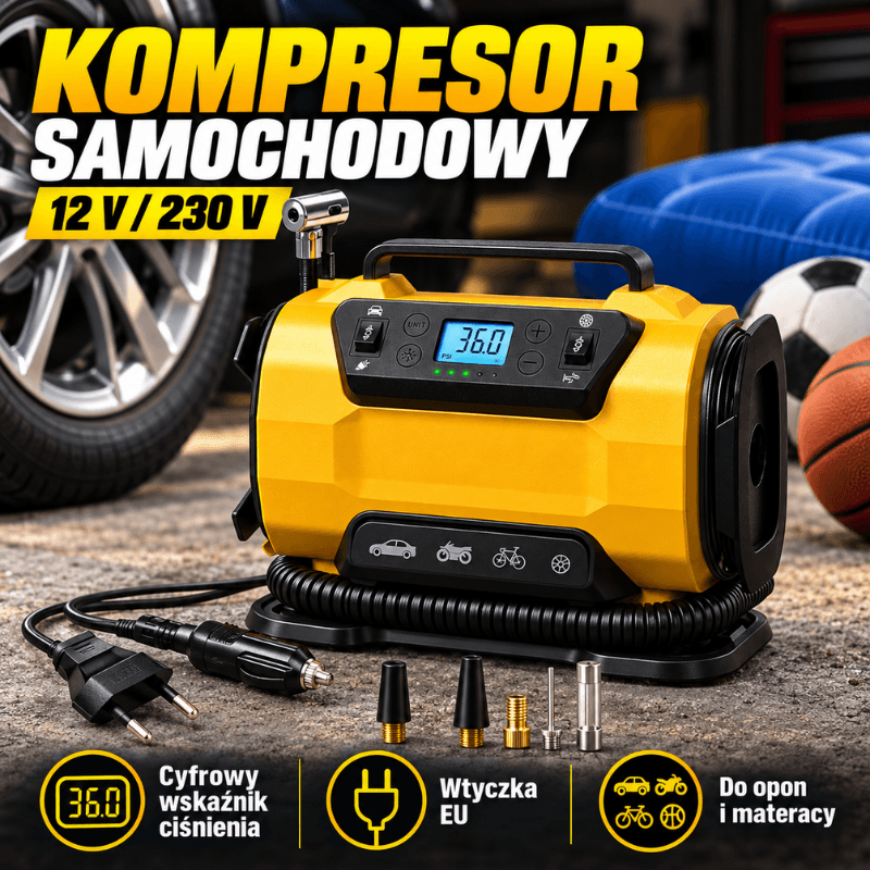 Kompresor samochodowy 12 V / 230 V z manometrem – do opon i materacy