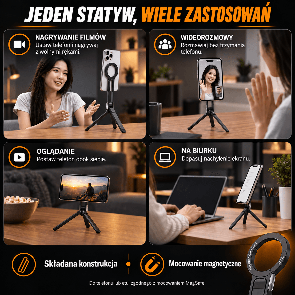 Statyw magnetyczny do telefonu RT-777 – składany, z karabińczykiem