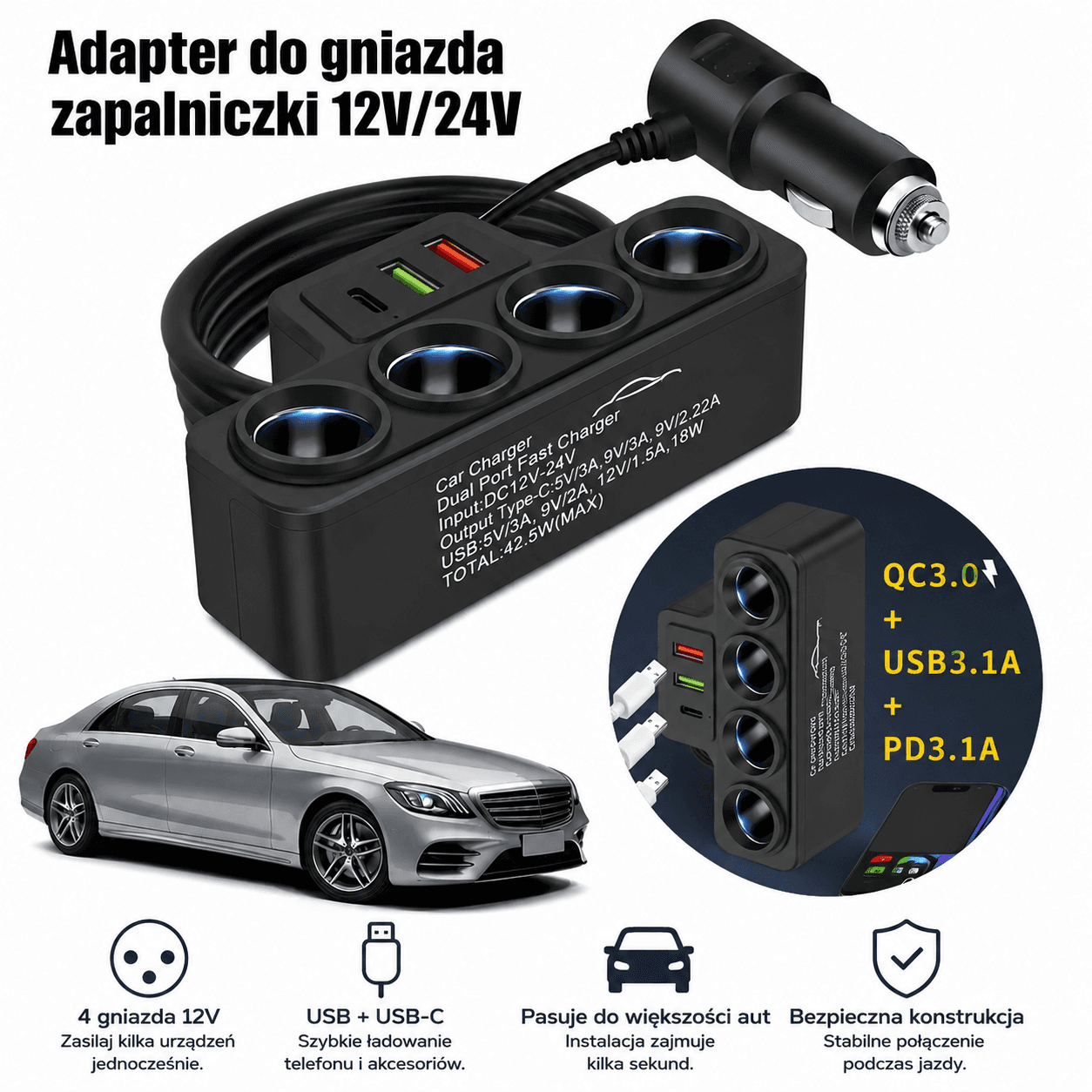 VoltHub™ 120W
Rozdzielacz Samochodowy 12V/24V z USB-C PD