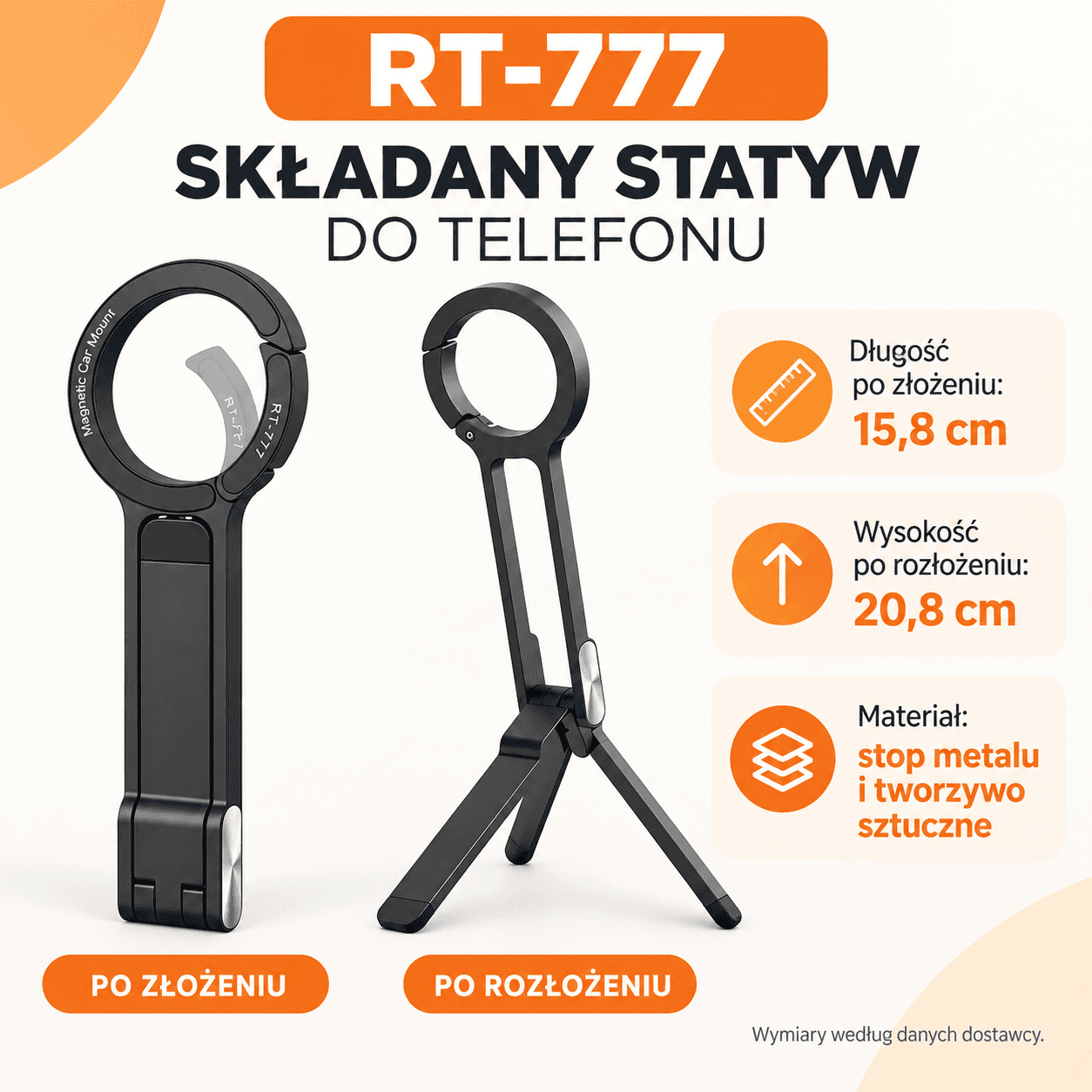 Statyw magnetyczny do telefonu RT-777 – składany, z karabińczykiem