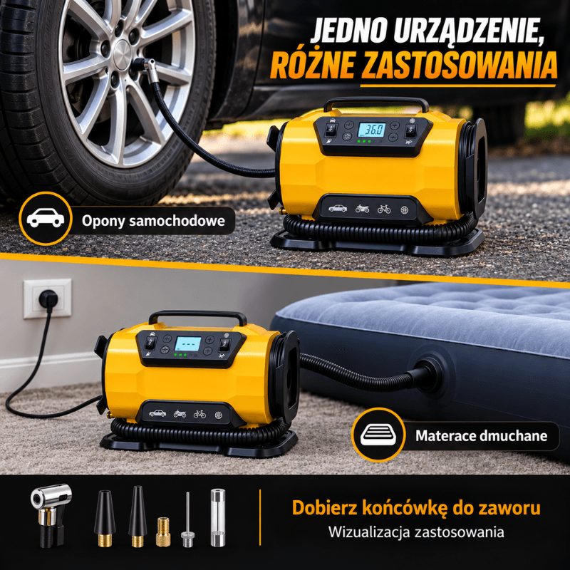Kompresor samochodowy 12 V / 230 V z manometrem – do opon i materacy