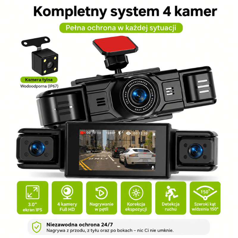 Podofo 1080P 4-kanałowa kamera-samochodowa nocna pętla-nagrywania detekcja-ruchu 🚗