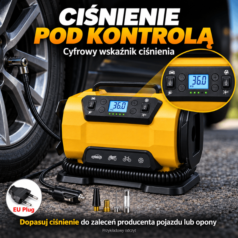 Kompresor samochodowy 12 V / 230 V z manometrem – do opon i materacy