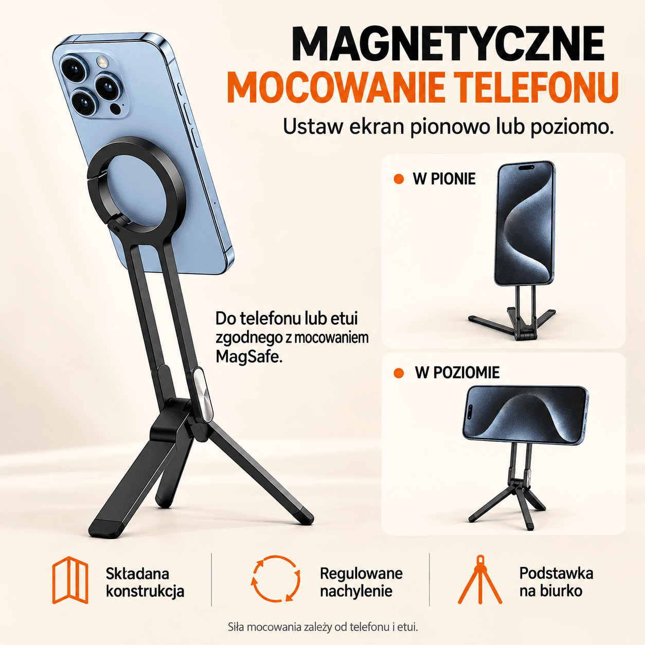 Statyw magnetyczny do telefonu RT-777 – składany, z karabińczykiem