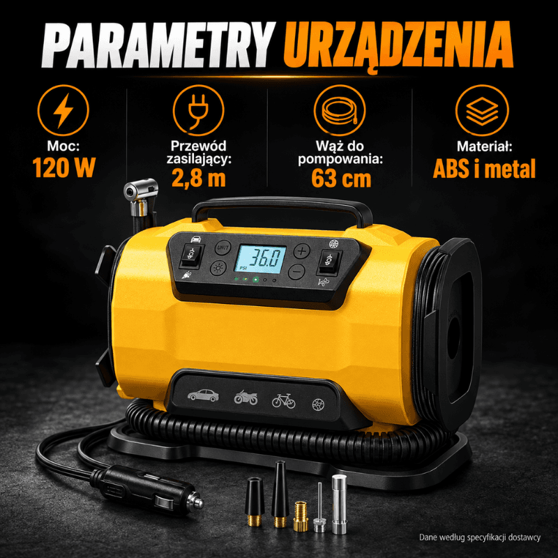 Kompresor samochodowy 12 V / 230 V z manometrem – do opon i materacy